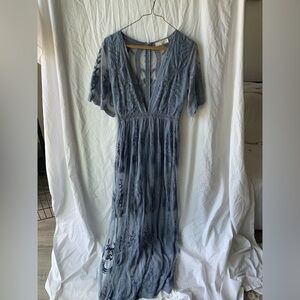 Blue maxi dress with V neckline, boho, small